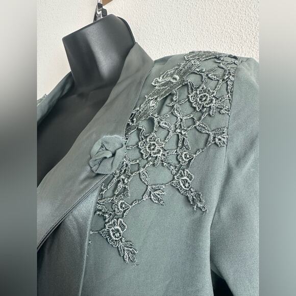 Vintage 80s Sage Green Waterfall Jacket Lace Applique Cut Out Back Size M - Picture 4 of 7